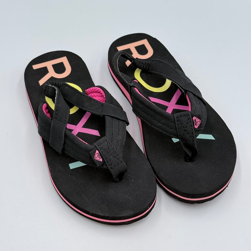 Roxy TW Vista III Toddler Girls Black Rainbow Logo Flip Flop Sandals Size 10